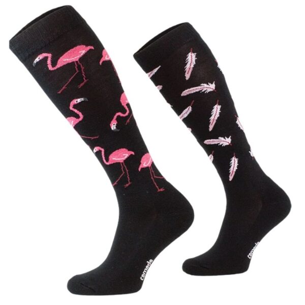 Asymetryczne skarpety podkolanówki jeździeckie bawełniane z wyściełaną stopą, czarne flamingi